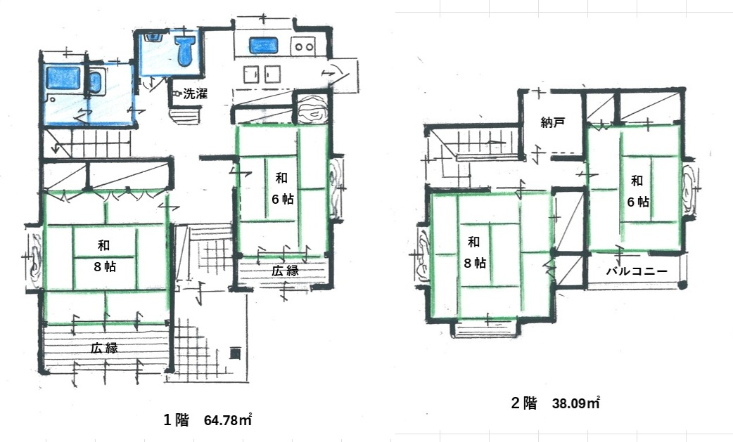 １F：64.78㎡・２F：38.09㎡